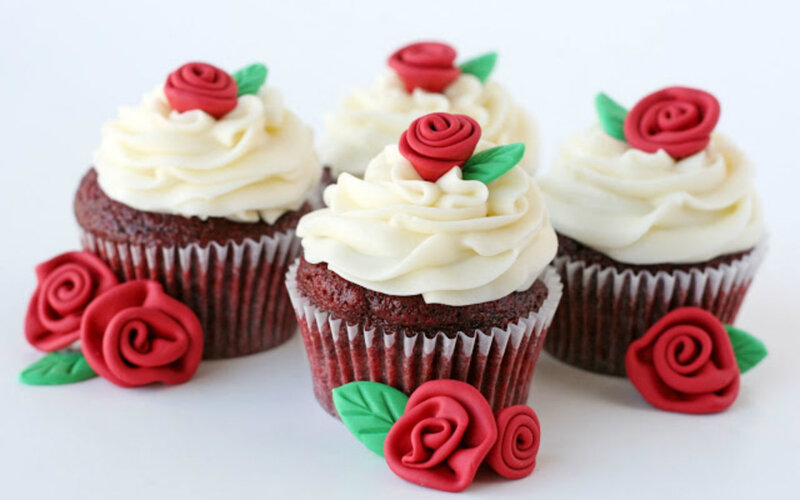 Red Velvet Cupcakes — Festive, Photograph, Frosting, Roses