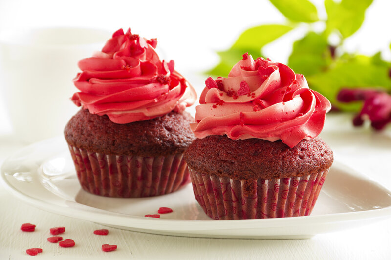 Red Velvet Cupcakes — Festive, Photograph, Heart-shaped Sprinkles