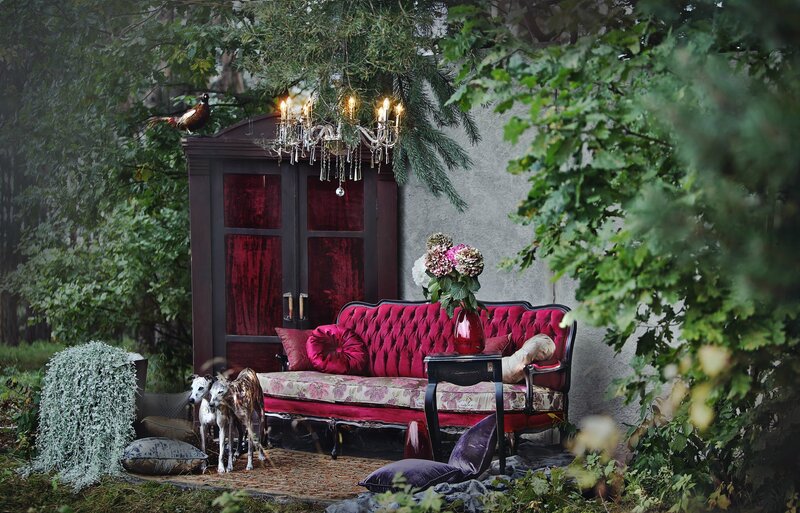 Red Velvet Sofa in Garden