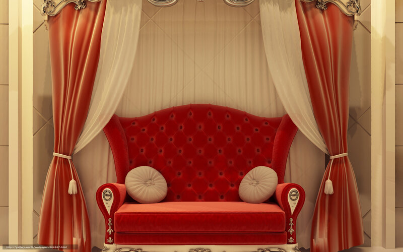 Red velvet sofa with curtains