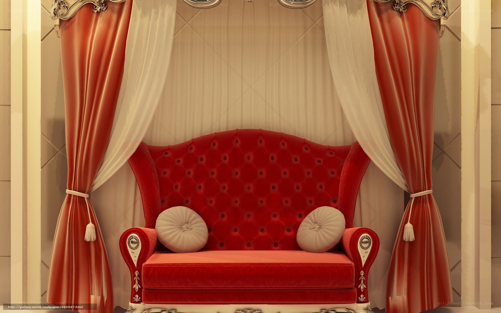 Red velvet sofa with curtains