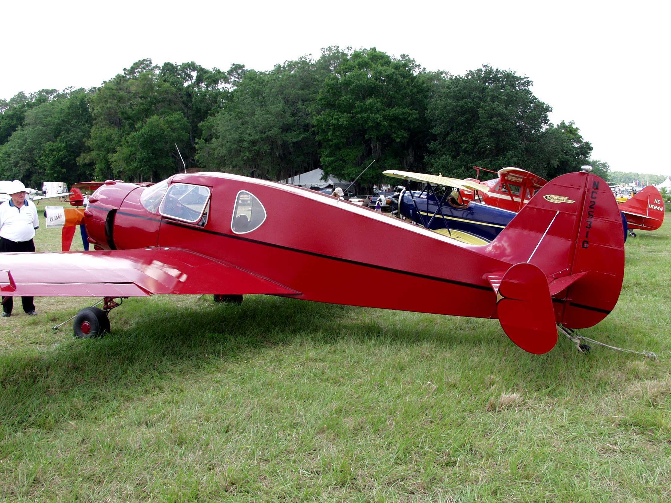 Red vintage airplane on grass