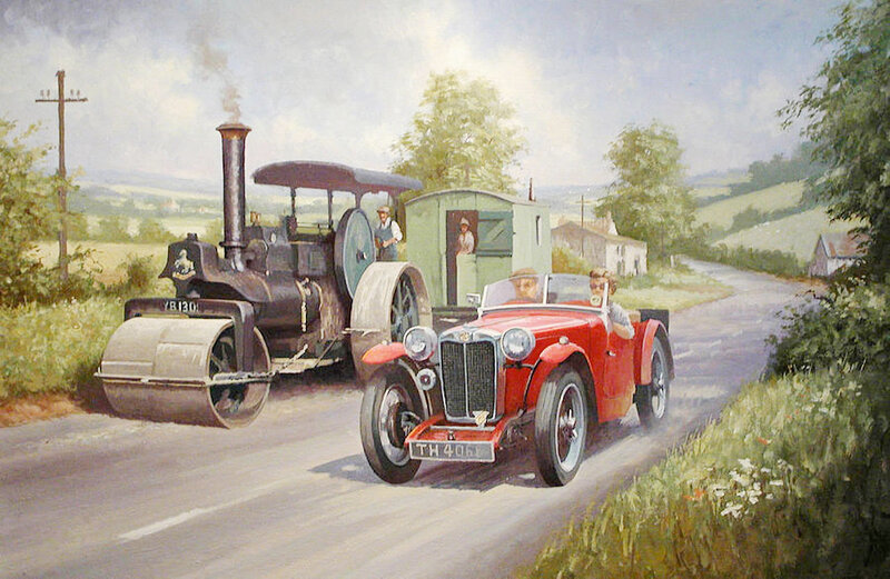 Red Vintage Car and Steamroller