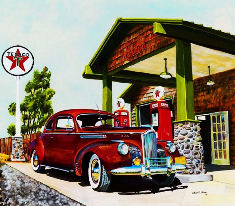 Red Vintage Car at Gas Station — Nostalgic
