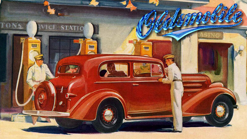 Red Vintage Car at Gas Station