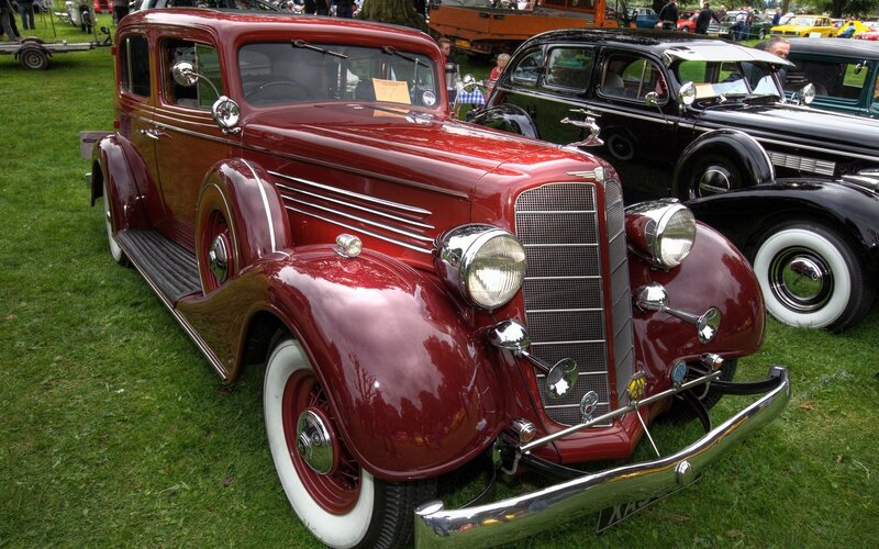 Red Vintage Car — Calm, Afternoon, Photograph, Black Car, Grass