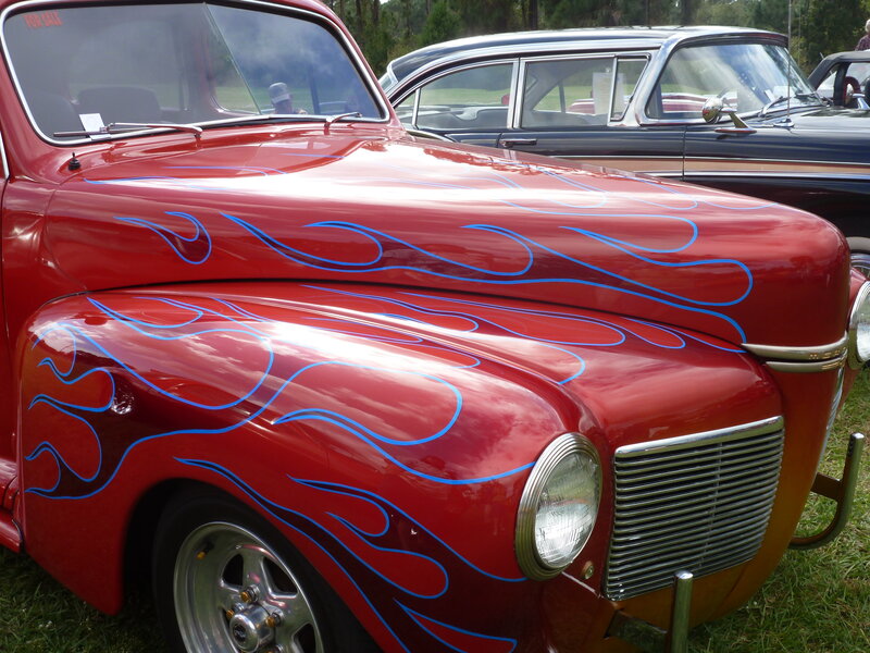 Red Vintage Car — Calm, Afternoon, Photograph, Flames