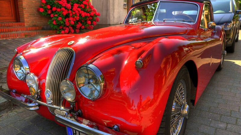 Red Vintage Car — Calm, Afternoon, Photograph, Flowers
