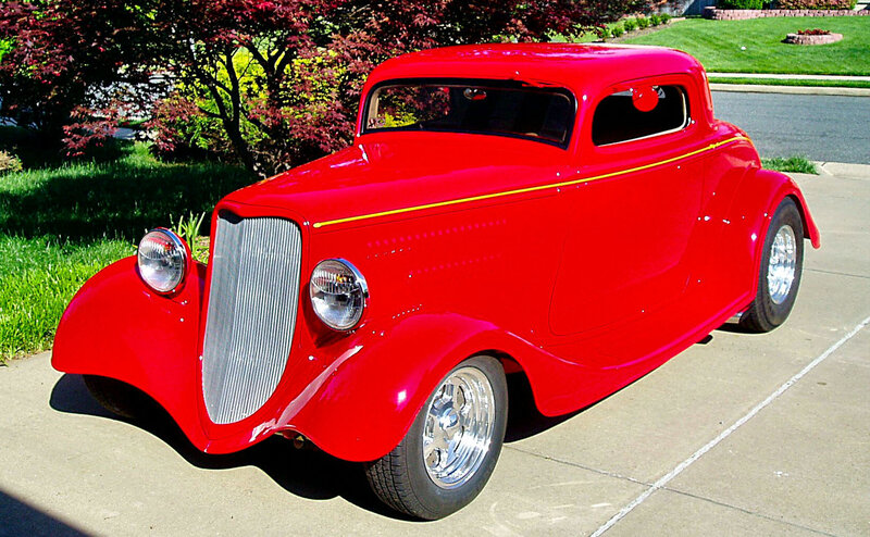 Red Vintage Car — Calm, Afternoon, Photograph, Grass, Trees, Driveway