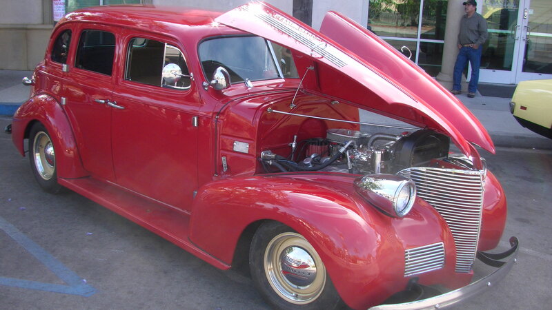 Red Vintage Car — Calm, Afternoon, Photograph, Man, Building
