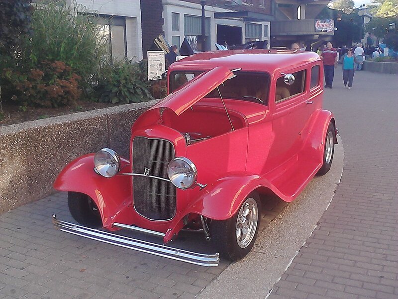 Red Vintage Car — Calm, Afternoon, Photograph, People, Building
