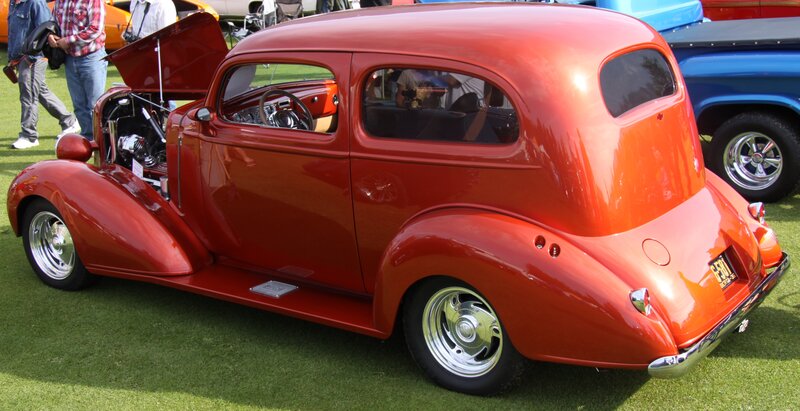 Red Vintage Car — Calm, Afternoon, Photograph, People, Grass