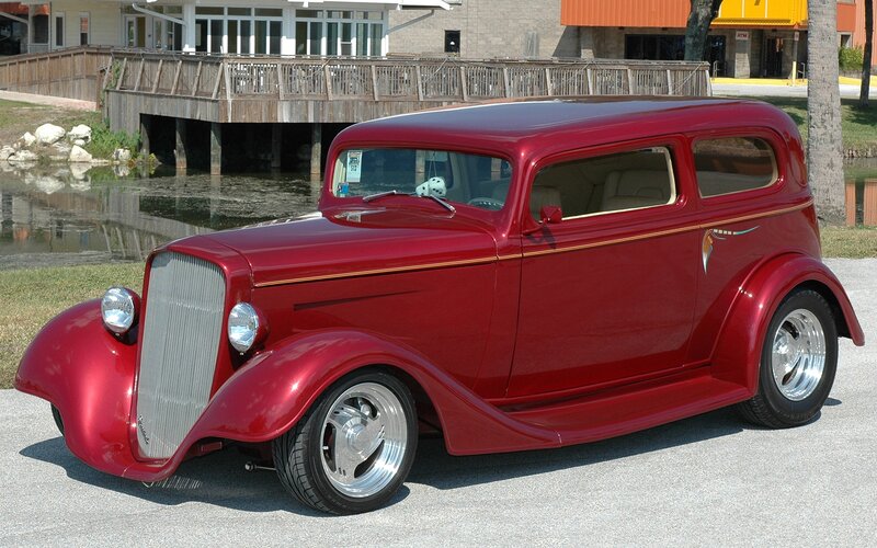 Red Vintage Car — Calm, Afternoon, Photograph, Pond