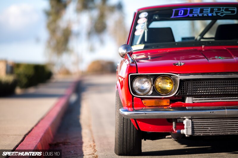 Red Vintage Car — Calm, Afternoon, Photograph, Road, Trees