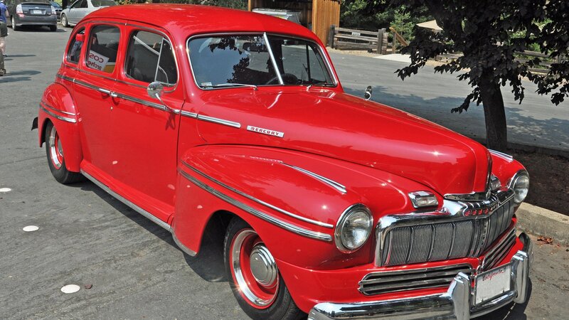 Red Vintage Car — Calm, Afternoon, Photograph, Tree, Road