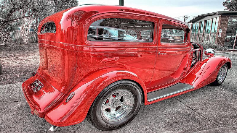 Red Vintage Car — Dramatic, Afternoon, Photograph, Building