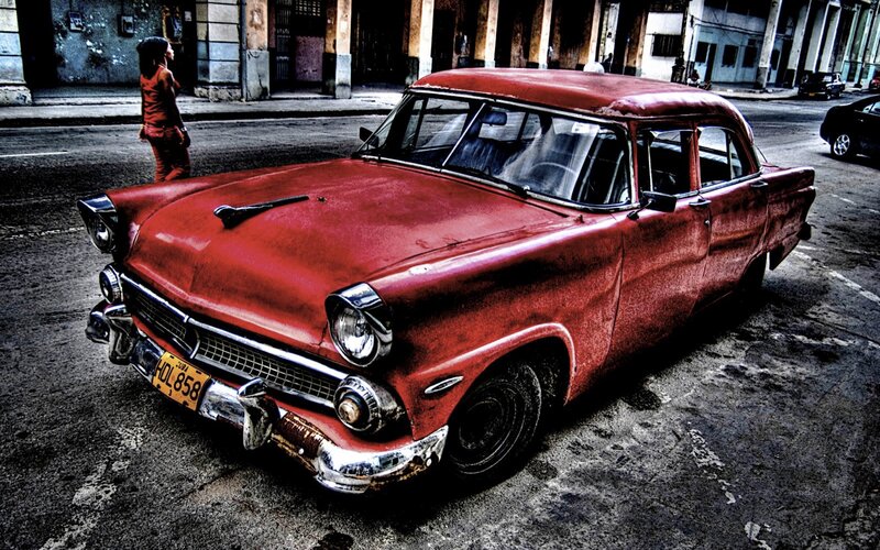 Red Vintage Car — Dramatic, Afternoon, Photograph, Person