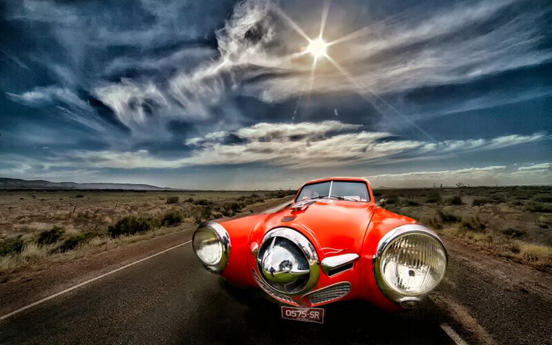 Red Vintage Car — Dramatic, Afternoon, Photograph, Road