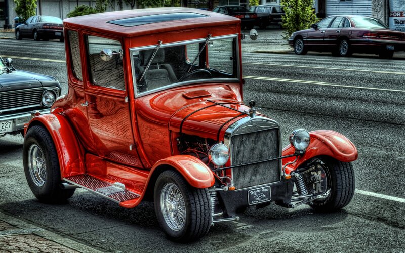 Red Vintage Car — Dramatic, Afternoon, Photograph, Street, Buildings