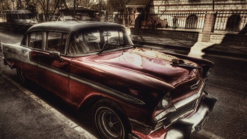 Red Vintage Car — Dramatic, Afternoon, Photograph, Street