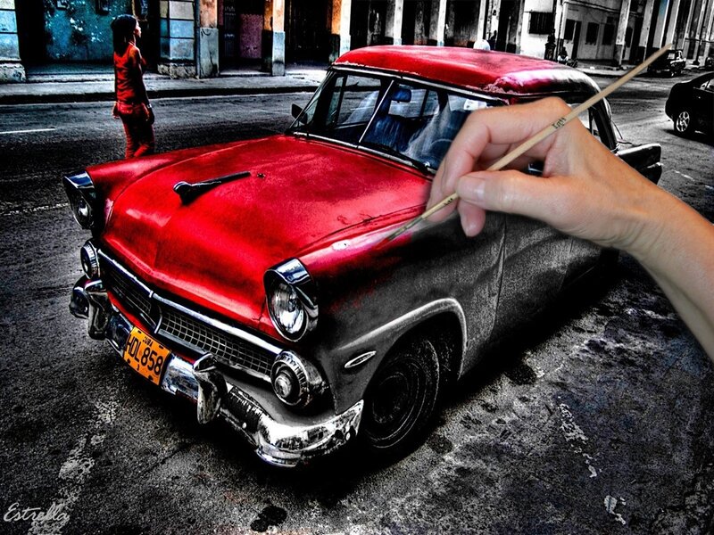Red Vintage Car — Dramatic, Digital Art, Hand