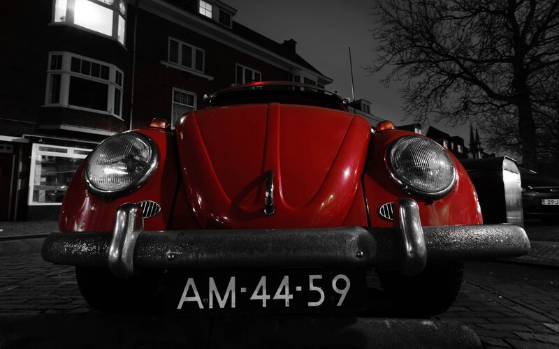 Red Vintage Car — Dramatic, Night, Photograph, Building
