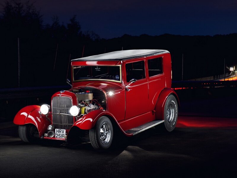 Red Vintage Car — Dramatic, Night, Photograph, Road