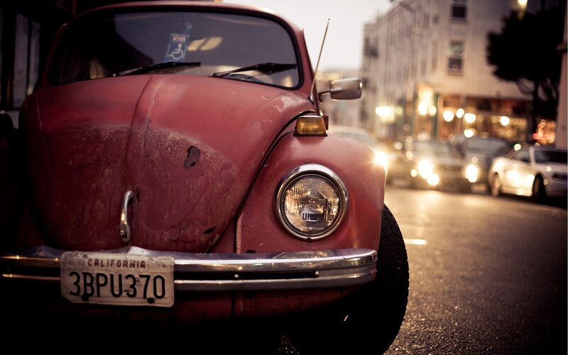 Red Vintage Car — Dramatic, Night, Photograph, Street, Buildings