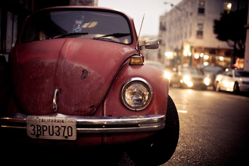 Red Vintage Car — Dramatic, Night, Photograph, Street