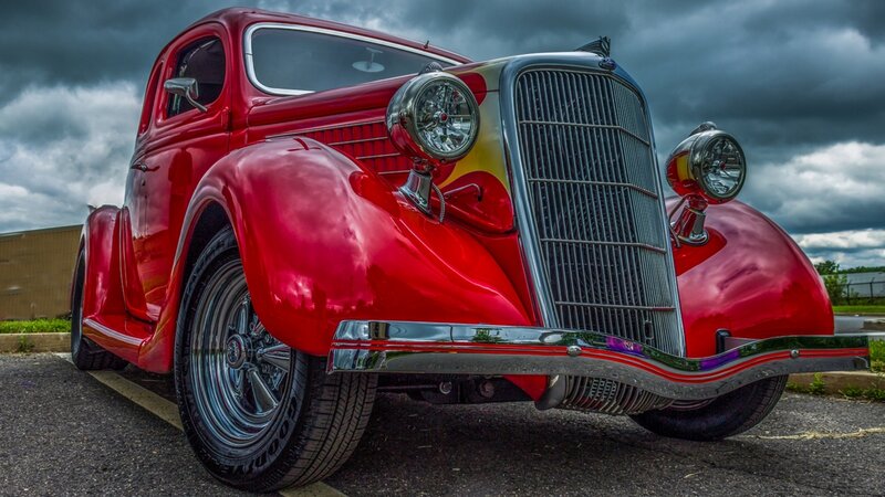 Red Vintage Car — Dramatic, Photograph, Cloudy Sky