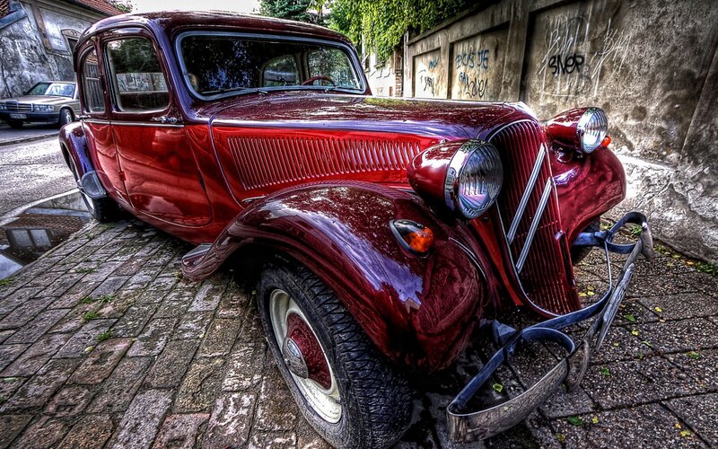Red Vintage Car — Dramatic, Photograph, Cobblestone Street, Graffiti Wall