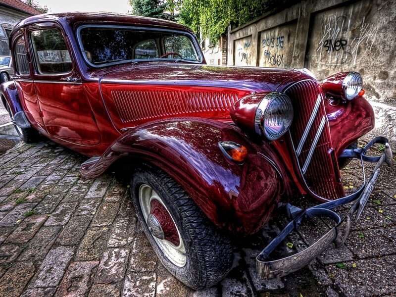 Red Vintage Car — Dramatic, Photograph, Cobblestone Street, Wall