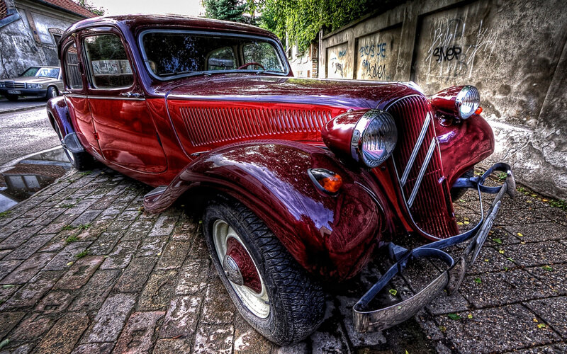Red Vintage Car — Dramatic, Photograph, Graffiti Wall