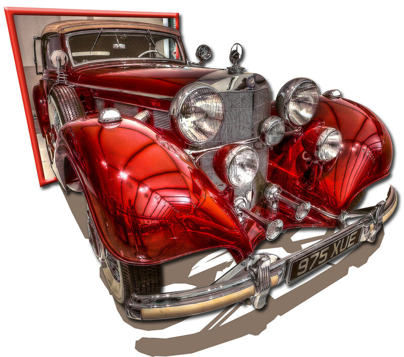 Red Vintage Car — Dramatic, Photograph, Headlights