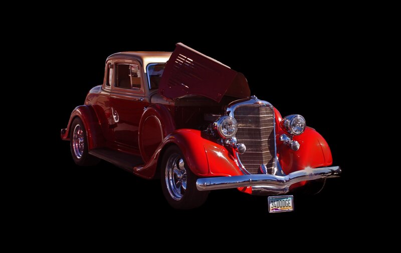 Red Vintage Car — Dramatic, Photograph, Hood