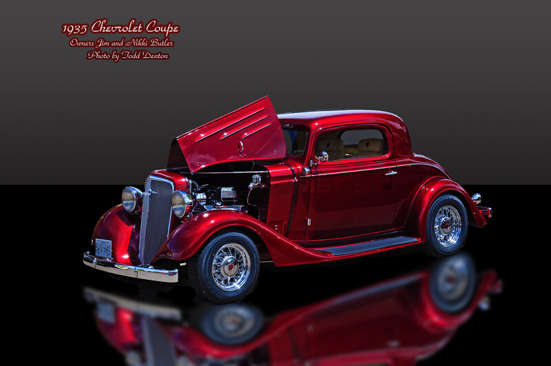 Red Vintage Car — Dramatic, Photograph, Open Hood