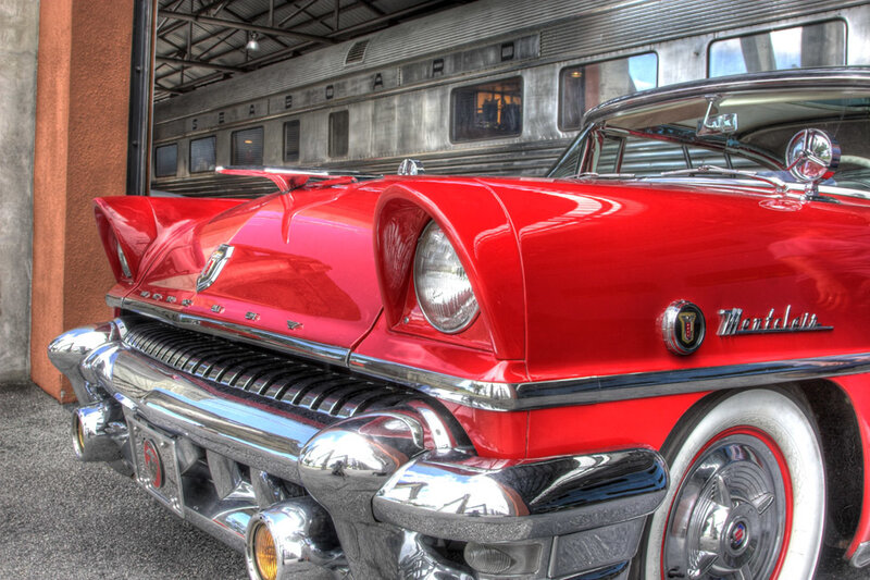 Red Vintage Car — Dramatic, Photograph, Train