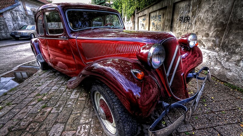 Red Vintage Car — Dramatic, Photograph, Wall