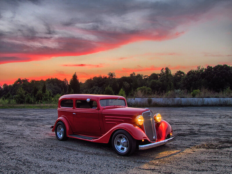 Red Vintage Car — Dramatic, Sunset, Photograph