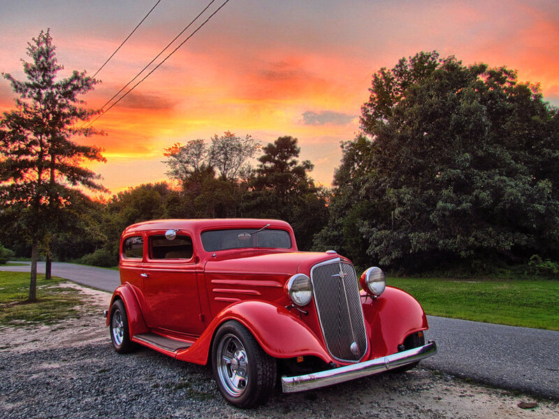 Red Vintage Car — Dramatic, Sunset