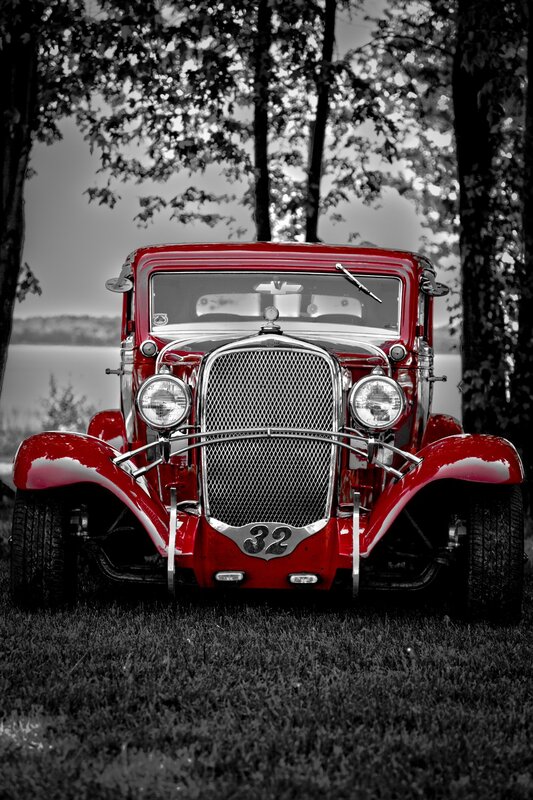 Red vintage car in black and white