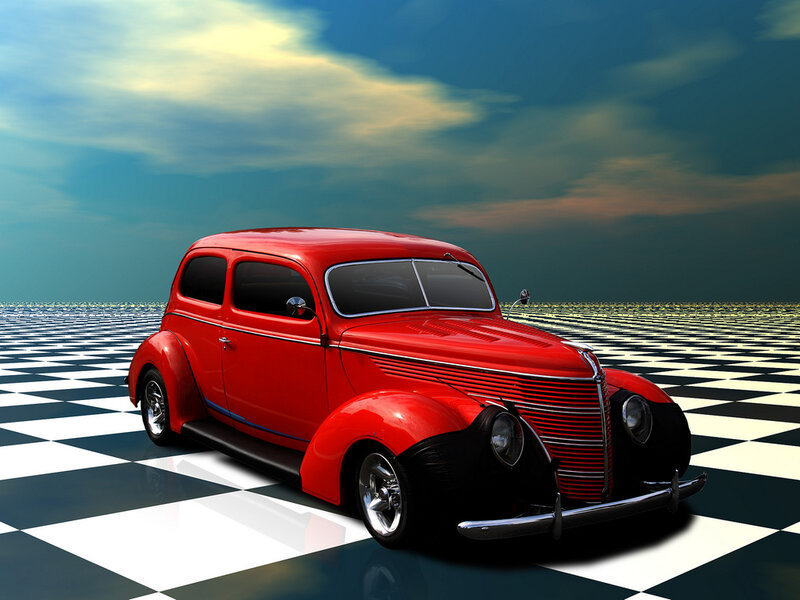 Red vintage car on checkered floor