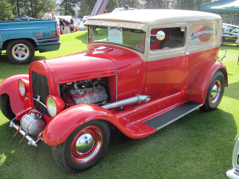 Red Vintage Car — Outdoor, Afternoon, Photograph, Car Show, Grass, People, Truck