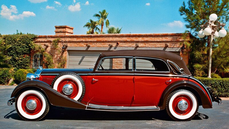 Red Vintage Car — Serene, Afternoon, Photograph, Brick House