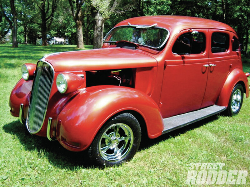 Red Vintage Car — Serene, Afternoon, Photograph, Grass, Trees, Chrome Wheels