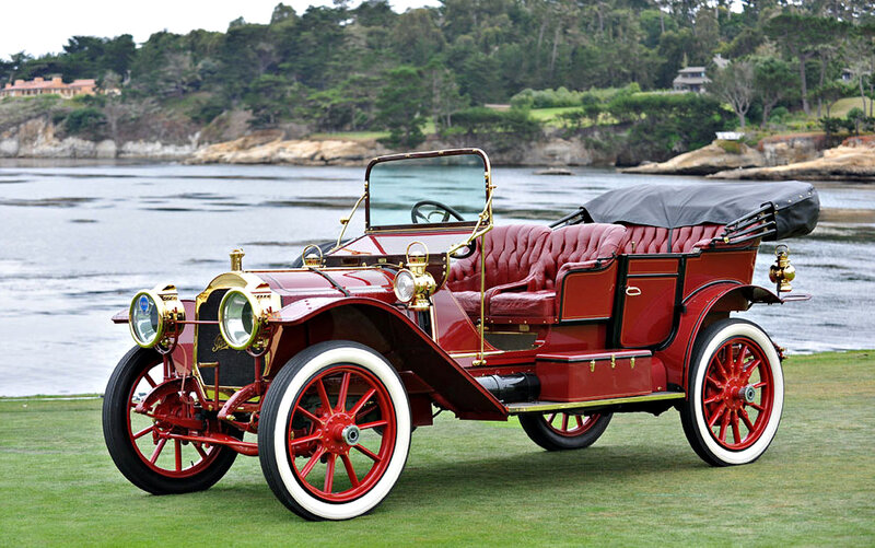 Red Vintage Car — Serene, Afternoon, Photograph, Grass, Water