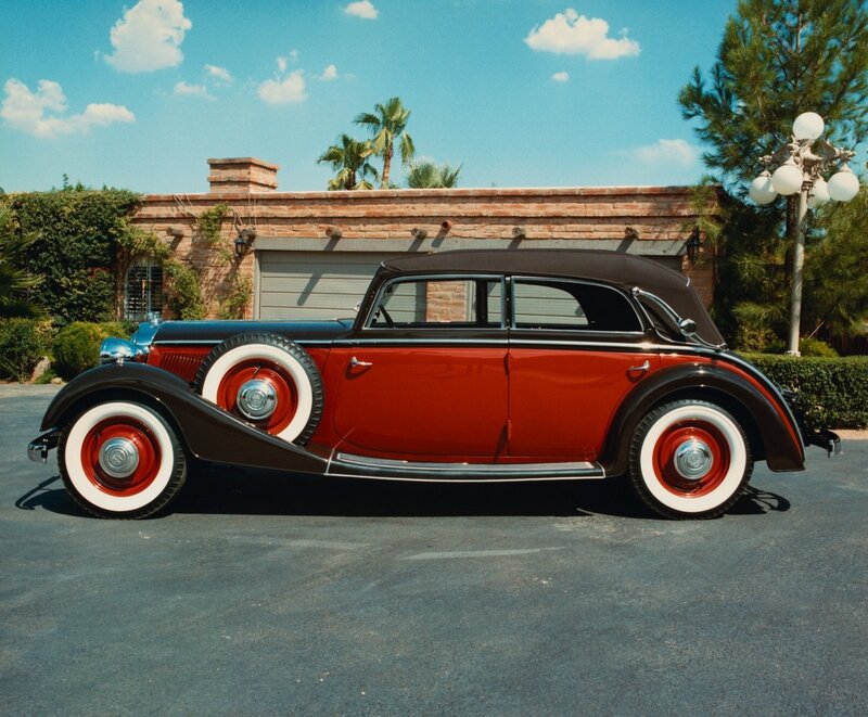 Red Vintage Car — Serene, Afternoon, Photograph, House, Palm Trees