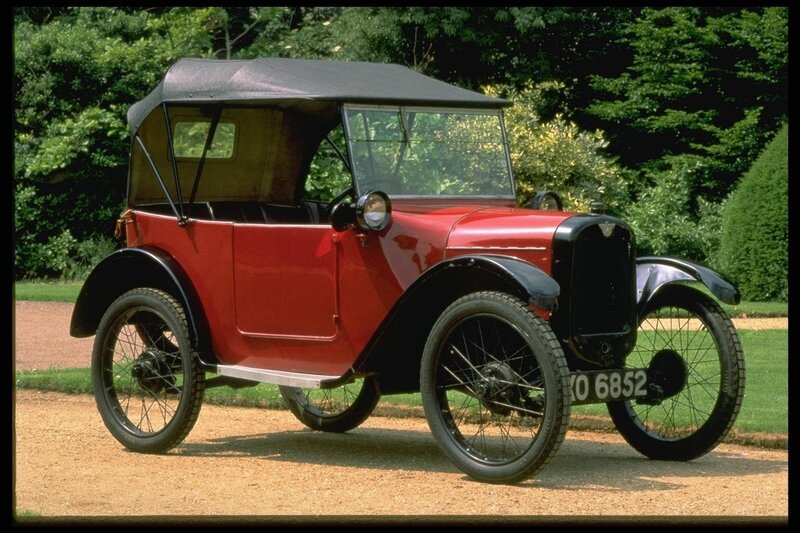 Red Vintage Car — Serene, Afternoon, Photograph, Trees, Gravel Path