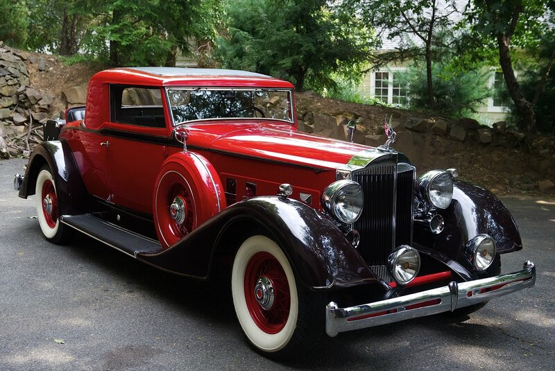 Red Vintage Car — Serene, Afternoon, Photograph, Trees, House