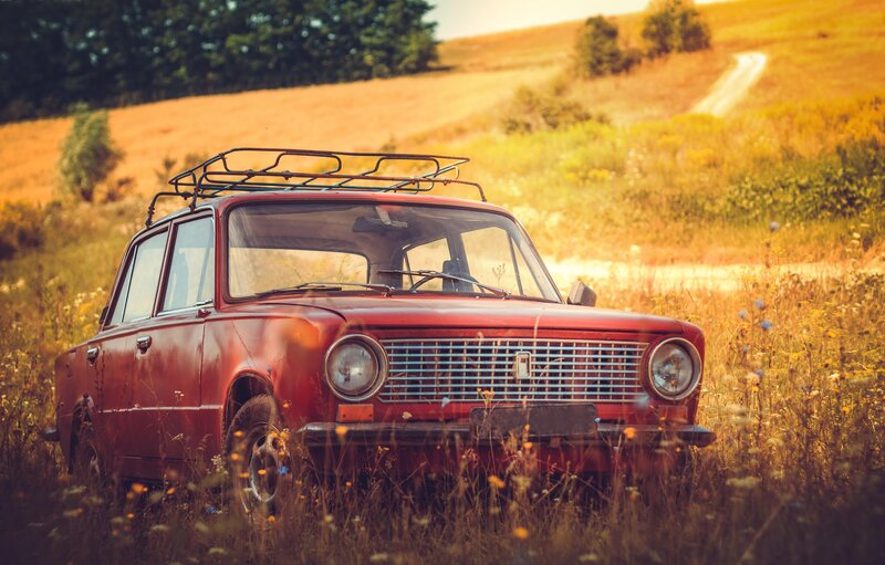 Red Vintage Car — Serene, Sunset
